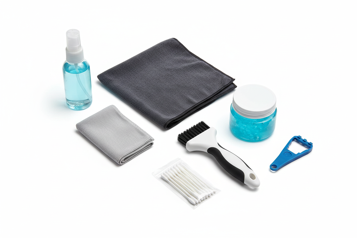 High-quality product photo of a tech gadget cleaning kit 7 in 1 on white background, professional e-commerce style